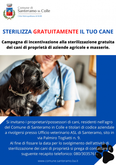 Campagna di incentivazione alla sterilizzazione gratuita dei cani di proprietà di aziende agricole e masserie